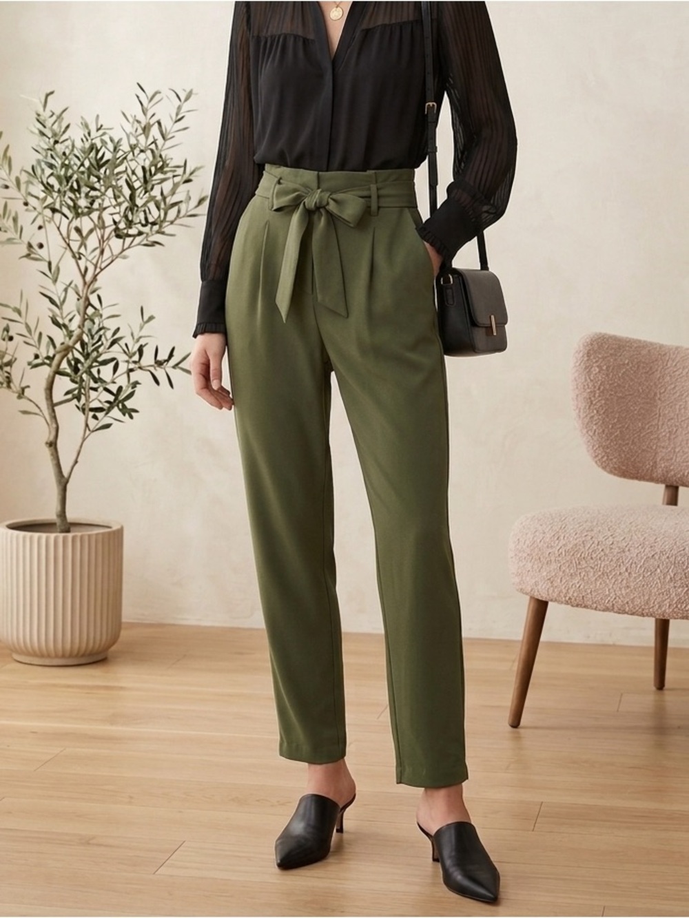 Equipment Femme Belted Tie Trousers Pants Olive Green Minimalist Capsule size 4